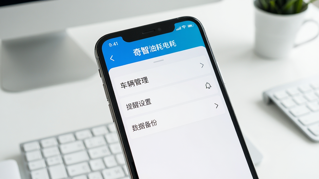 主体为手机屏幕显示奇智油耗电耗APP的设置界面,布局清晰展示“车辆管理”“提醒设置”“数据备份”等选项列表,背景为简洁桌面,风格清爽,细节文字清晰可见,画质干净明亮,无多余元素