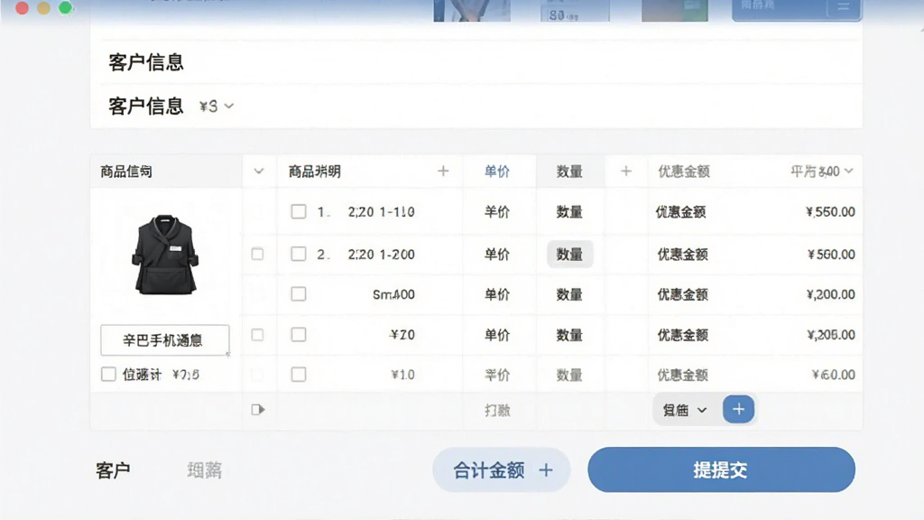 辛巴手机通销售开单功能预览,主体为手机销售订单创建页面,布局上方客户信息栏,中间商品明细列表,下方合计金额与提交按钮,排版清晰,风格商务,细节包含商品图片、单价、数量、优惠金额,画质高清,无多余元素