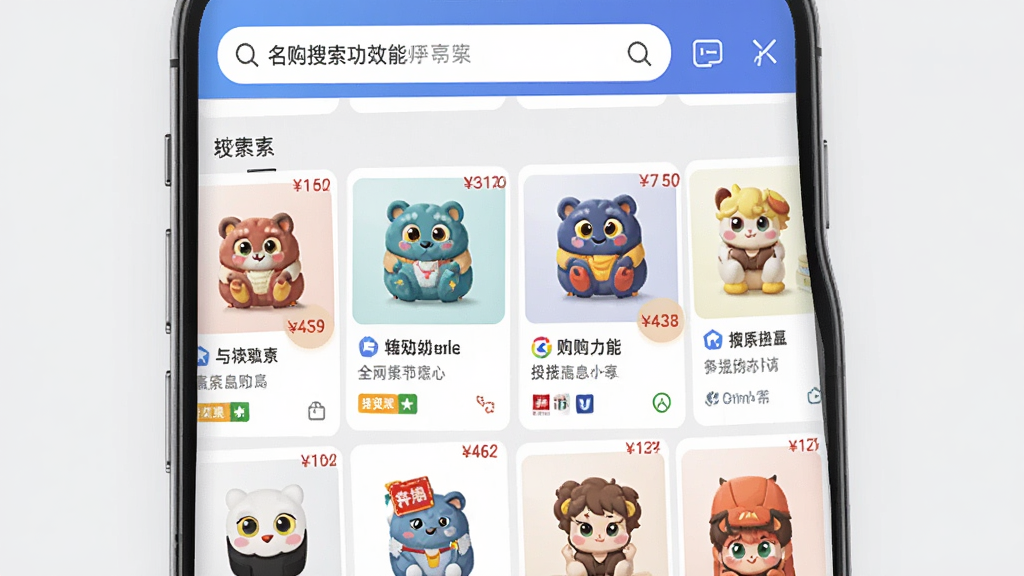 名购岛全网搜索功能效果图,主体为手机搜索界面,布局顶部为搜索框,下方展示来自不同平台的商品结果,排版采用网格布局,风格清新明亮,以浅灰色背景搭配彩色商品图,细节包含价格对比标签和平台标识,画质高清无多余元素