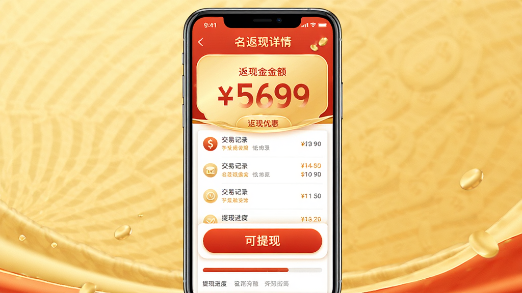名购岛返现优惠展示图,主体为手机屏幕上的返现详情页,布局上方显示返现金额数字,下方为可提现按钮,排版居中对称,风格活泼亮丽,以金色和红色为主色调,细节包含交易记录列表和提现进度条,画质细腻干净无多余元素