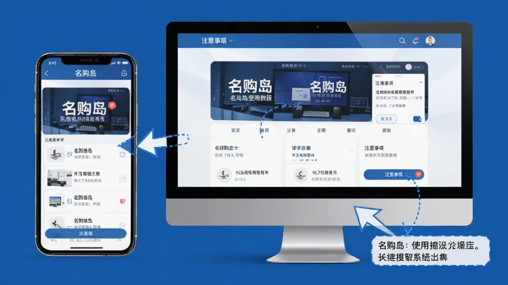 名购岛使用教程配图,主体为手机和电脑并排摆放,屏幕均显示名购岛应用界面,布局左右对称,风格简约商务,以蓝白灰色调为主,细节包含操作步骤指示箭头和注意事项标注,画质干净无多余元素