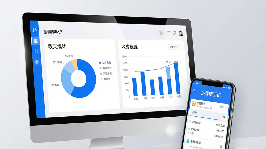 主体:金蝶随手记软件界面展示,一块现代简约风格的电脑屏幕上显示着清晰的收支统计图表,旁边悬浮着手机端同步界面;布局:电脑屏幕位于画面中央偏左,手机界面悬浮于右下角,形成对角线构图,主次分明;排版:屏幕内图表采用饼状图与柱状图结合,色彩以蓝白为主,数据标签清晰可读;风格:科技感与商务感融合,扁平化设计,界面干净通透;细节:屏幕边缘有柔光反射,手机界面显示“金蝶随手记”字样,背景为浅灰色渐变;画质:8K超清,光影自然,干净无多余元素。