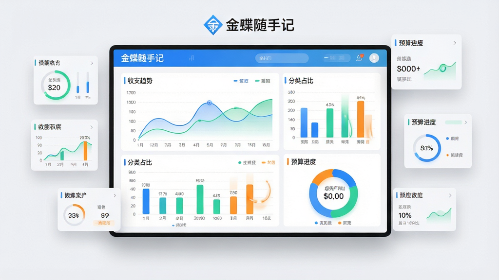 主体:一块大屏幕上展示金蝶随手记的报表分析界面,包含折线图、柱状图和环形图,分别展示收支趋势、分类占比和预算进度;布局:屏幕占据画面中央,周围有悬浮的数据卡片,排列整齐;排版:图表配色采用蓝、绿、橙三色,数据标签清晰,顶部有“金蝶随手记”Logo;风格:商务科技风,背景为浅灰白色,屏幕有轻微投影;细节:折线图平滑流畅,柱状图有动态效果,环形图中心显示总资产数字;画质:8K超清,细节丰富,干净无多余元素。
