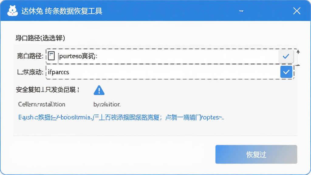 图片展示迷你兔数据恢复工具的恢复选项设置,主体为导出路径选择对话框与恢复按钮,布局居中,排版简洁,风格为商务蓝配色,细节上突出路径选择与安全提示,画质干净无多余元素