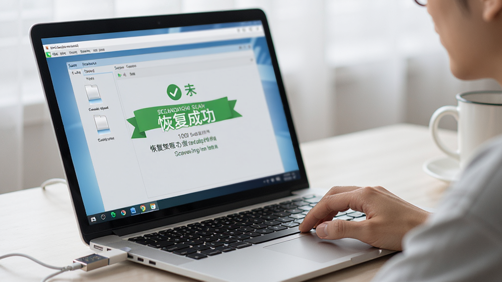 图片展示用户正在使用迷你兔数据恢复工具恢复U盘文件,主体为笔记本电脑连接U盘,屏幕显示软件扫描界面,布局为侧面视角,排版自然,风格为写实摄影风格,细节上突出恢复成功提示,画质干净无多余元素
