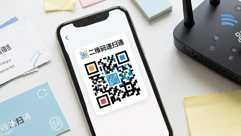 主体为二维码速扫通APP的二维码生成界面,屏幕中显示一个由“二维码速扫通”文字和图形构成的彩色二维码,手机旁边散落着名片、便签纸和WiFi路由器,布局采用俯视角,排版整洁,风格清新商务,细节包括二维码图案的清晰纹理和纸张质感,画质干净明亮无多余元素