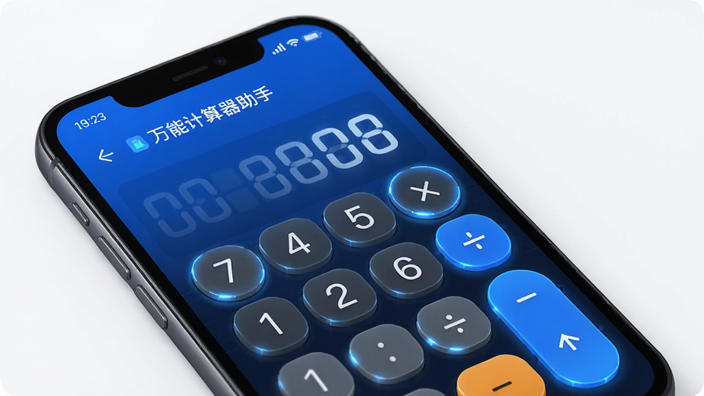 一款名为“万能计算器助手”的现代风格计算器软件界面,主体为手机屏幕中的计算器应用,屏幕上清晰显示数字与运算符号,布局简洁,排版整齐,采用蓝色科技感主题,细节包含按键发光效果,画质高清干净,无多余元素