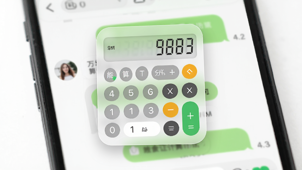 万能计算器助手悬浮小窗功能演示,主体为手机屏幕中央悬浮一个半透明计算器小窗,背景为聊天软件界面,布局为上下结构,排版自然,风格现代,细节显示小窗边缘有圆角,画质通透,无多余元素