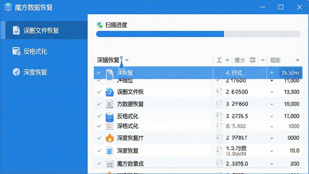 图片主体为“魔方数据恢复”软件主界面截图,界面布局清晰,左侧功能列表包含“误删文件恢复”“反格式化”“深度恢复”等选项,右侧显示扫描进度条与文件列表,整体采用蓝白配色,扁平化设计,画质干净,无多余元素,文字标注“魔方数据恢复”,排版工整,风格现代简洁,细节丰富,画质高清。