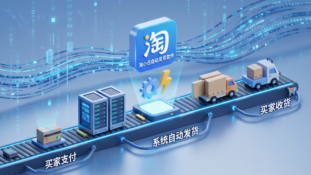 一张展示自动化流程的3D概念图,主体为一条从“买家支付”到“系统自动发货”再到“买家收货”的流水线图示,中间节点是发光的服务器机柜与“淘小白自动发货软件”的悬浮图标,图标下方有齿轮与闪电符号,背景为流动的数码光带,整体构图简洁明了,科技感强,画质干净,无多余元素