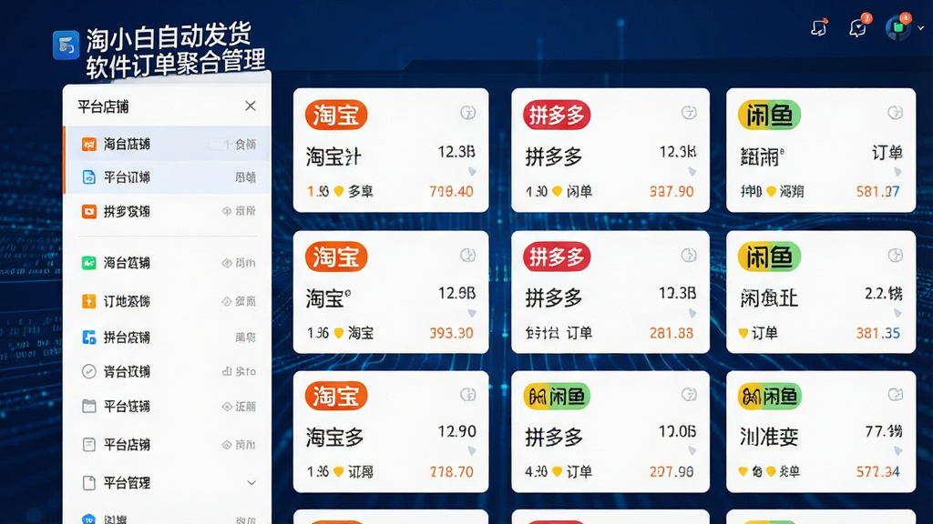 一张数字科技感风格的功能界面截图预览图,画面主体为“淘小白自动发货软件”的订单聚合管理面板,左侧是平台店铺切换列表,右侧是整齐排列的多平台订单卡片,卡片上清晰标注“淘宝”、“拼多多”、“闲鱼”等平台标签,背景为深蓝色数据流动线条,风格现代,排版规整,画质干净,无多余元素