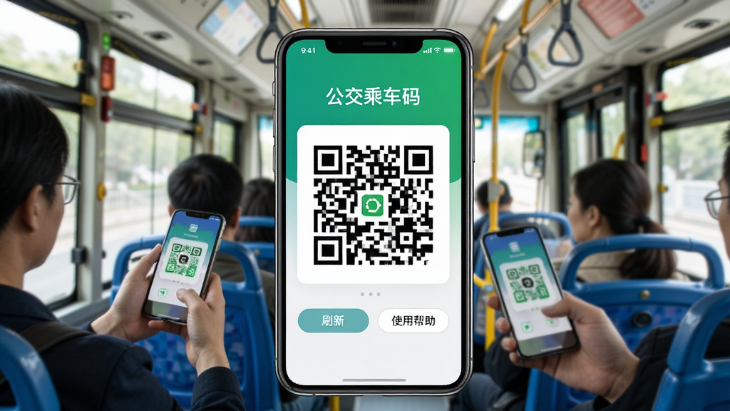 图片主体为公交地铁一码通APP的乘车码界面,屏幕中央显示一个放大的二维码,上方有“公交乘车码”字样,下方有“刷新”和“使用帮助”按钮。背景是公交车内部场景,乘客正在用手机扫码,画面清晰明亮,突出二维码细节,采用写实风格,画质干净,无多余元素
