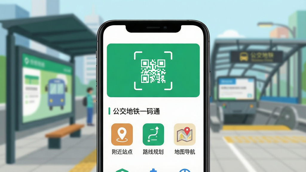 画面主体为一部智能手机屏幕特写,屏幕内清晰显示“公交地铁一码通”APP界面,界面顶部有绿色的扫码乘车区域,下方排列着“附近站点”、“路线规划”、“地图导航”等功能图标。整体布局简洁明了,背景为虚化的城市公交站台和地铁站入口,色彩明亮清新,采用扁平化设计风格,细节丰富,画质高清干净,无多余元素