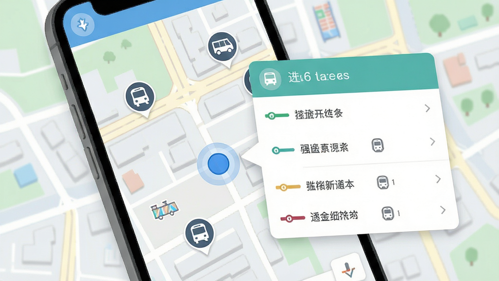 画面主体为手机地图界面,地图上以蓝色圆点标记用户当前位置,周围分布着多个公交站点图标,点击其中一个站点后弹出详情卡片,显示途经线路列表。背景为城市街道简图,整体色调清爽,采用扁平化设计,信息层级清晰,画质高清,无多余元素