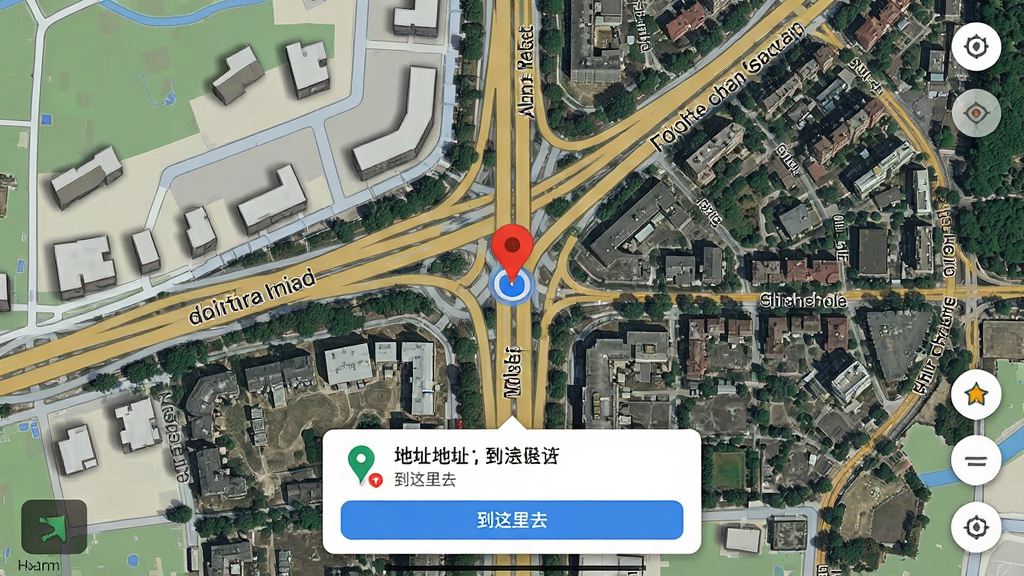 画面主体为全屏地图导航界面,地图上显示道路名称和建筑轮廓,屏幕中央有一个红色定位标记,底部弹出地点信息卡片,显示地址和“到这里去”按钮。背景为城市卫星图,色彩真实,细节丰富,采用写实风格,画质高清,无多余元素