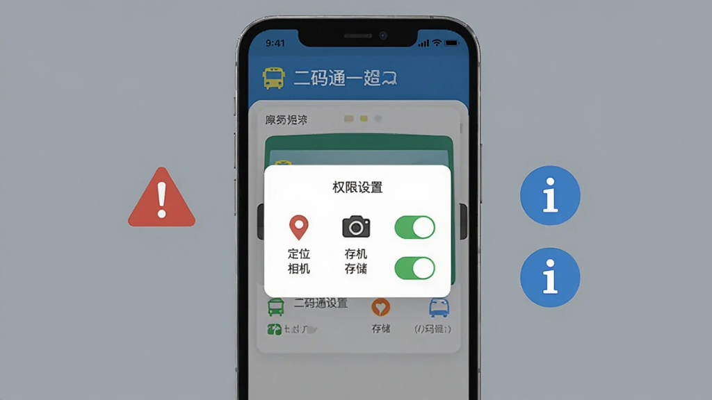 画面主体为一部智能手机竖屏显示公交地铁一码通的操作界面,屏幕中弹出“权限设置”对话框,显示定位、相机、存储等权限开关。旁边有一个红色警告图标和蓝色信息图标,背景为纯色,干净整洁,采用扁平化设计,画质清晰,无多余元素