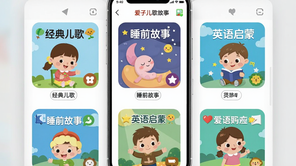 画面主体为打开的爱子儿歌故事APP界面,界面以列表形式展示多个分类专辑,如“经典儿歌”“睡前故事”“英语启蒙”等,每个专辑封面为彩色卡通插画。布局为手机竖屏截图样式,居中展示,背景为浅灰色。整体风格扁平化,色彩明快,细节上每个专辑封面都有小图标,画质干净,无多余元素。