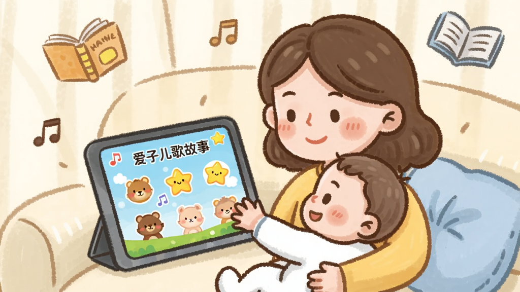 画面主体为温馨的卡通亲子场景,一位妈妈抱着宝宝坐在柔软的沙发上,旁边放着一个平板电脑,屏幕上显示“爱子儿歌故事”的卡通界面,界面中有音符、小星星和可爱的小动物图标。整体布局采用中心构图,妈妈和宝宝位于画面中央,周围环绕着漂浮的音符和故事书元素。画面风格为清新手绘风,色彩柔和温暖,以淡黄色和浅蓝色为主色调。细节上,妈妈面带微笑,宝宝小手伸向屏幕,画质清晰,干净,无多余元素。