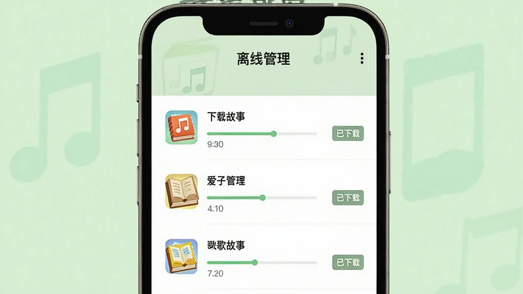 画面主体为手机下载管理页面截图,显示“爱子儿歌故事”的下载列表,每个文件有进度条和“已下载”标签,背景为淡绿色。布局为手机竖屏居中,顶部有“离线管理”字样。风格为简洁UI设计,细节上文件图标有音符和故事书样式,画质干净,无多余元素。
