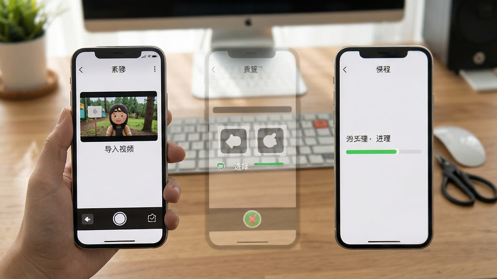 素材魔方使用教程步骤图,手机屏幕显示操作步骤界面,包括导入视频、选择工具、处理进度条,背景为桌面,布局清晰,风格简洁,细节丰富,画质干净,无多余元素