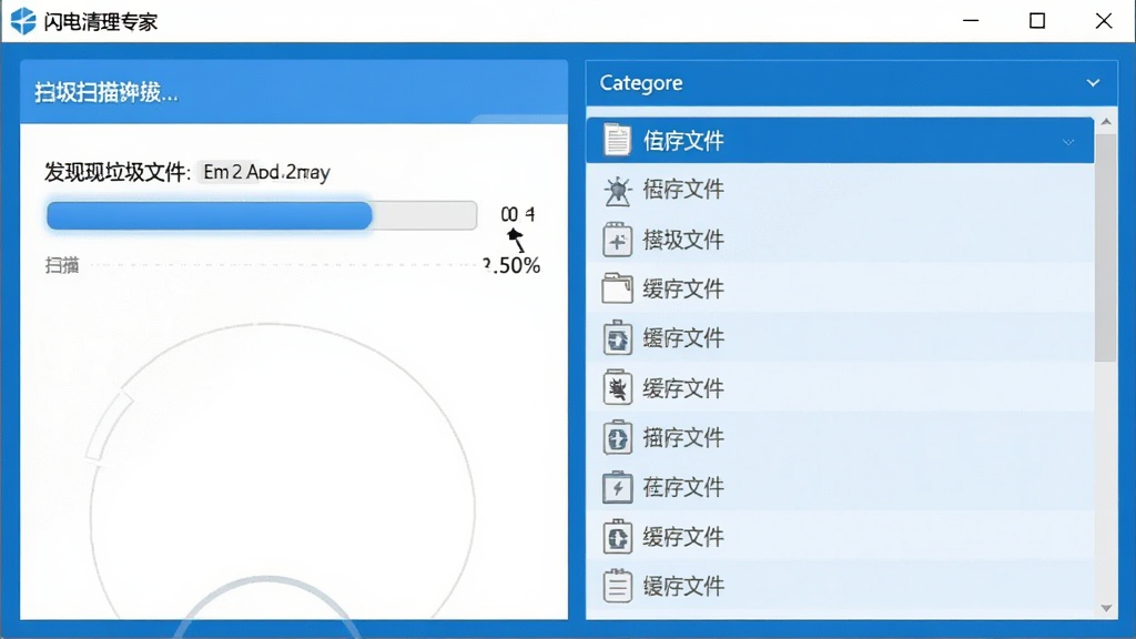 闪电清理专家软件正在执行垃圾扫描的界面截图,左侧显示扫描进度条和已发现的垃圾文件数量,右侧分类列出临时文件、缓存文件等具体项目,界面配色以蓝白为主,画质清晰,布局规整,细节丰富,干净无杂乱元素