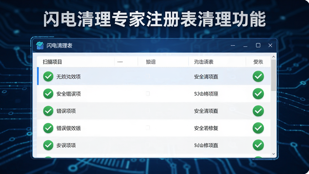 展示闪电清理专家注册表清理功能的预览图,界面中央显示注册表扫描结果列表,包含无效项、错误项等分类,背景为深蓝色科技风格,配以绿色对勾图标表示安全修复,整体设计专业严谨,画质高清,布局清晰,无多余元素