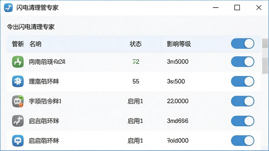 闪电清理专家启动项管理界面预览,表格形式列出各软件名称、状态、影响等级,每个项目右侧有启用/禁用开关,界面简洁,蓝白色调,画质干净,布局合理,细节清晰,无多余元素
