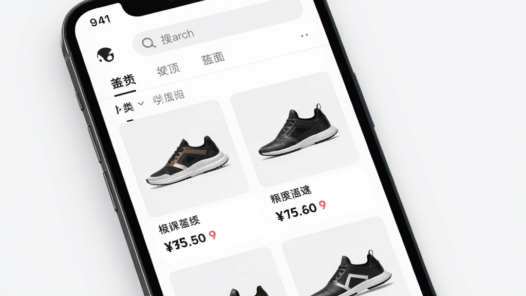 新款网app界面预览图,主体为智能手机屏幕展示商品列表,布局清晰展示鞋款图片与价格,排版简洁,风格现代商务,细节包括分类导航和搜索栏,画质高清干净,无多余元素