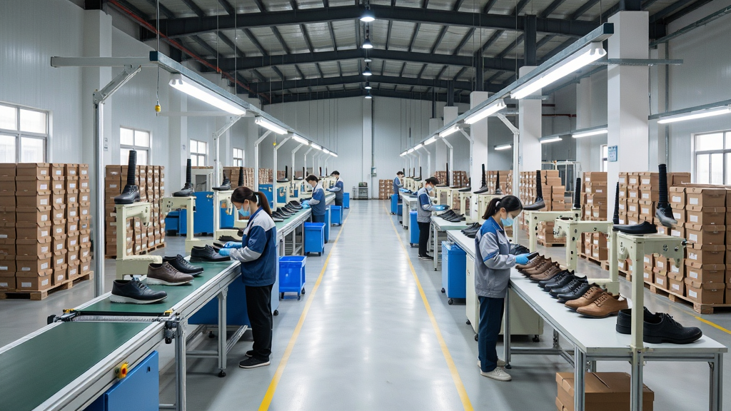 新款网源头工厂直供场景图,主体为现代化制鞋工厂车间,布局展示生产线与整齐堆放的鞋盒,排版规整,风格写实,细节体现工人质检与成品鞋,画质清晰明亮,无多余元素