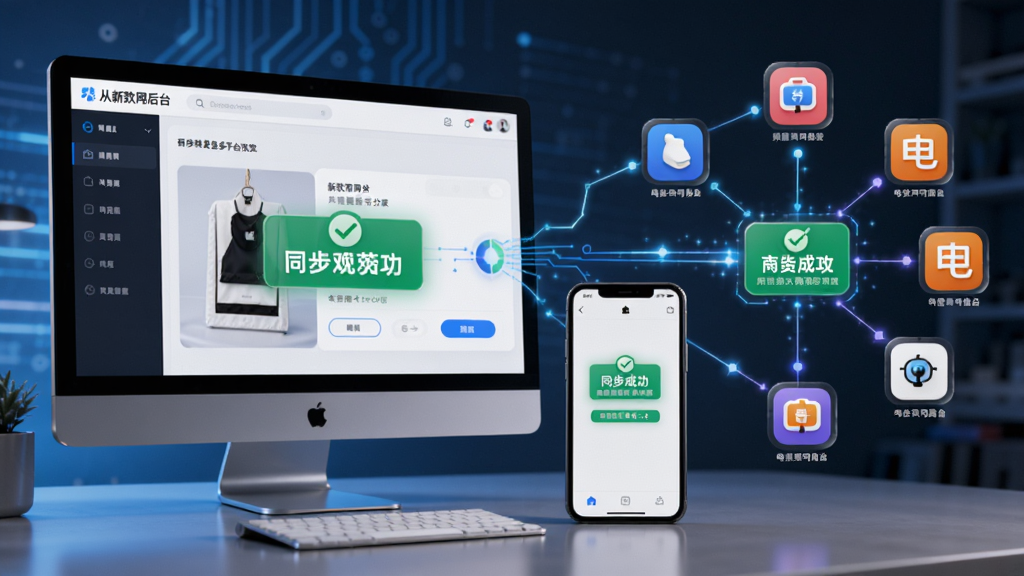 新款网一键转发多平台功能预览图,主体为电脑与手机并排显示操作界面,布局体现商品从新款网后台分发至多个电商平台图标,排版清晰,风格科技感,细节包括同步成功提示,画质高清,无多余元素