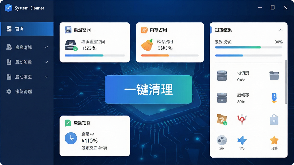 主体:System Cleaner软件主界面展示,深蓝色科技感背景,界面中央显示“一键清理”大按钮,周围环绕磁盘空间、内存占用、启动项等数据模块,布局简洁清晰,排版采用左右分栏设计,左侧为功能导航,右侧为扫描结果详情,风格为现代扁平化UI,细节包括进度条、百分比数字、垃圾文件类型图标,画质高清,干净,无多余元素