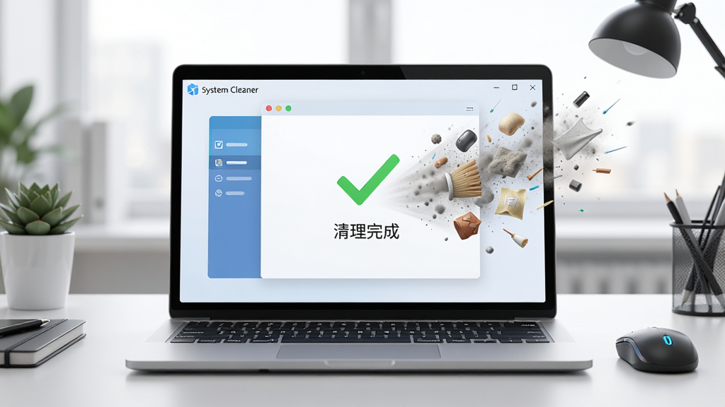 主体:System Cleaner软件运行在笔记本电脑上,屏幕显示清理完成界面,有“清理完成”绿色对勾,周围有灰尘和杂物被扫除的动效,布局为电脑屏幕居中,排版干净,风格为写实结合科技感,细节包括键盘、鼠标、办公桌环境,画质高清,干净,无多余元素