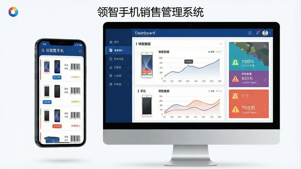 画面主体为一套现代感十足的“领智手机销售管理系统”界面悬浮于智能手机与台式电脑屏幕之间,界面中清晰显示手机商品列表、销售数据折线图与库存预警图标。布局采用左右分屏构图,左侧为系统功能菜单,右侧为彩色数据看板,整体排版规整。风格为扁平化商务科技风,主色调为深蓝与白色,强调专业感与数据清晰度。细节包含手机图片缩略图、价格标签、条形码元素。画质高清,干净无多余杂物,文字标注“领智手机销售管理系统”字样。