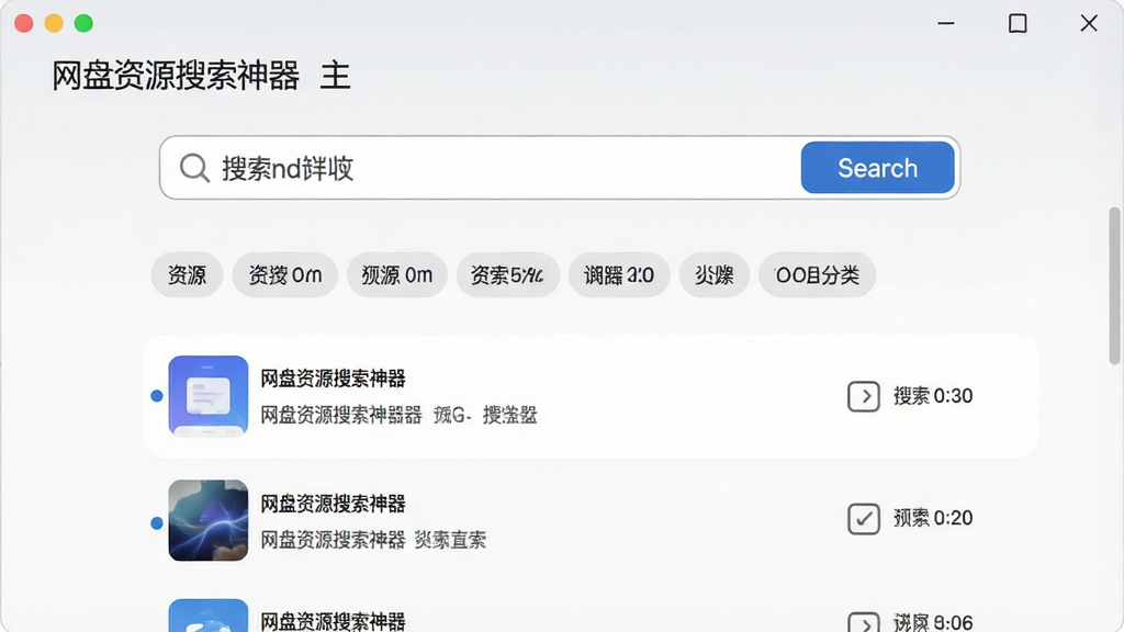 一张展示网盘资源搜索神器主界面的高清截图,主体为软件搜索框与结果列表,布局居中,排版清晰,风格现代简约,细节突出搜索按钮和资源分类标签,画质清晰干净,无多余元素,界面文字显示“网盘资源搜索神器”