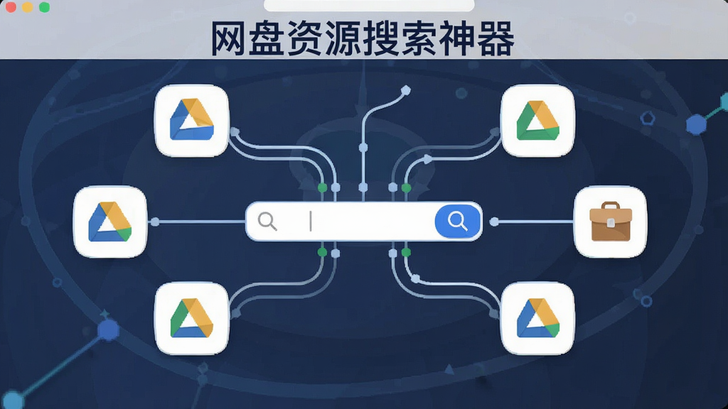 一张网盘资源搜索神器多引擎聚合搜索功能示意图,主体为多个网盘图标汇聚到中央搜索框,布局围绕式,排版均匀,风格扁平化,细节带有连接线条,画质清晰,干净无多余元素,图片标注“网盘资源搜索神器”