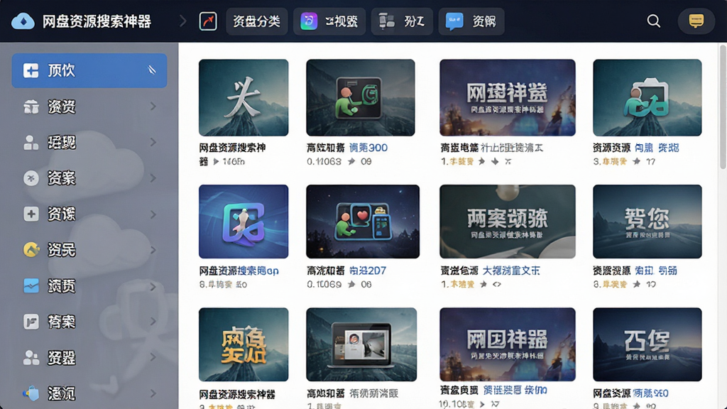 一张网盘资源搜索神器资源分类导航界面预览图,主体为左侧分类栏和右侧资源缩略图列表,布局左右结构,排版整齐,风格清新,细节显示分类图标和资源封面,画质清晰,干净无多余元素,图片标注“网盘资源搜索神器”