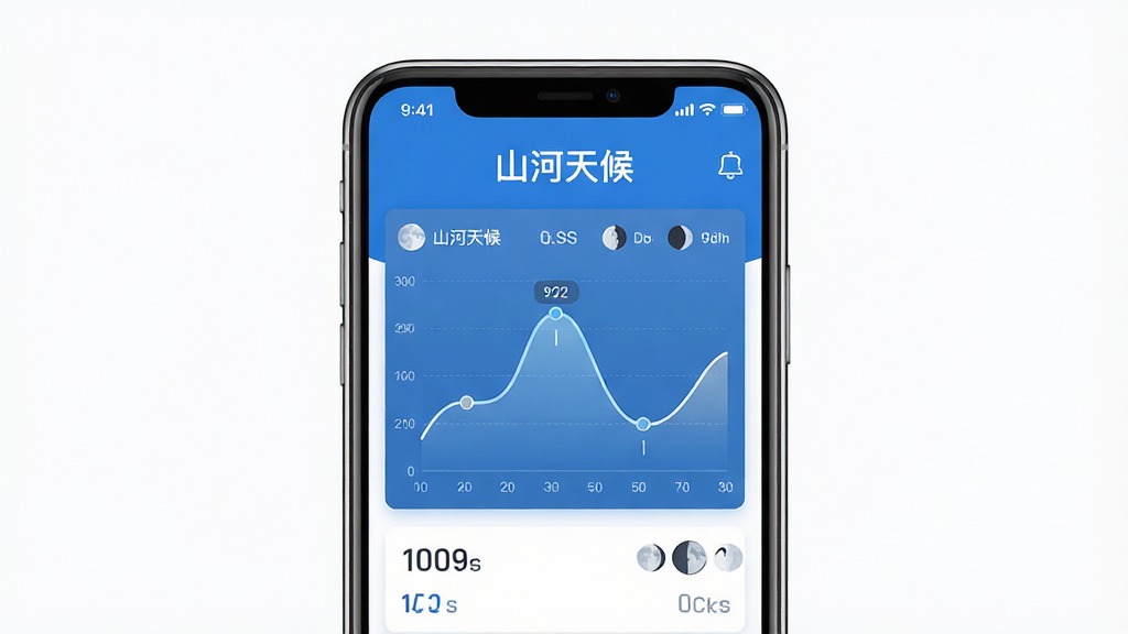 主体:山河天候软件界面展示,手机屏幕显示潮汐曲线图与月相图标。布局:居中构图,手机正面展示,周围留白。排版:屏幕内清晰展示“山河天候”字样及数据面板。风格:现代扁平化设计,蓝白主色调,科技感。细节:潮汐曲线平滑,月相图案精致。画质:高清渲染,干净无多余元素。