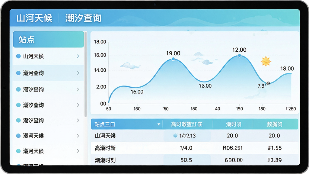 主体:山河天候软件中的潮汐时刻表界面。布局:左侧为站点列表,右侧为潮汐曲线与数据表格。排版:上方标题“山河天候”+“潮汐查询”,下方数据清晰排列。风格:清新海洋风,浅蓝与白色渐变背景。细节:曲线平滑,标注高低潮时间点。画质:细腻清晰,干净无多余元素。