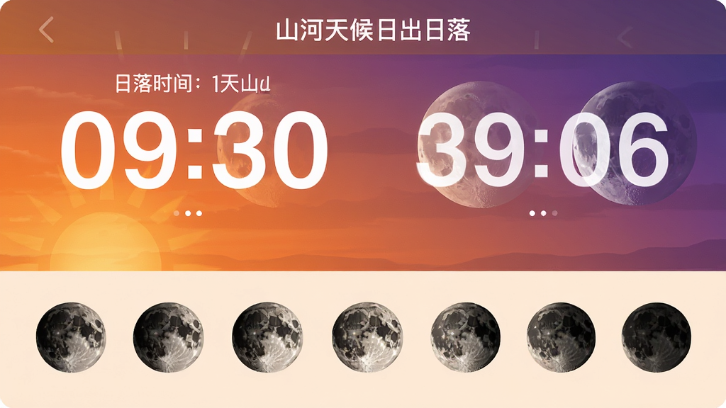 主体:山河天候的日出日落与月相展示界面。布局:上方为日落时间与天色渐变背景,下方为月相图标序列。排版:时间数字醒目,月相图标按顺序排列。风格:写实与扁平结合,暖色调为主。细节:天色由橙到紫渐变,月相明暗分明。画质:高清逼真,干净无多余元素。