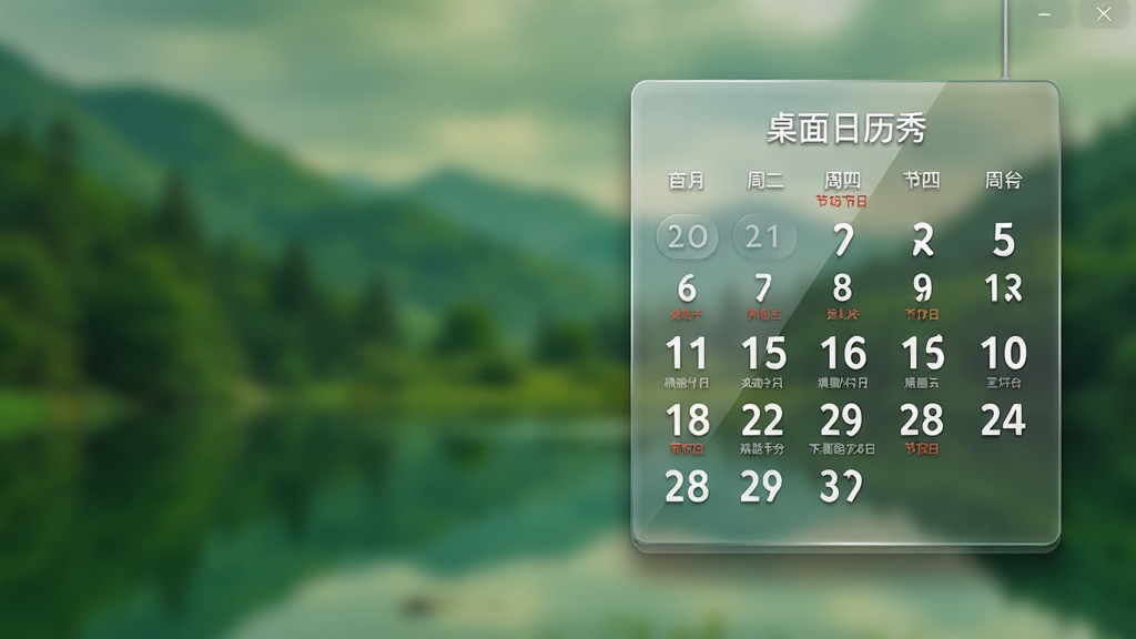 主体:一款名为“桌面日历秀”的电脑桌面软件界面,展示透明玻璃质感的日历小组件悬浮在风景壁纸上,布局:组件位于屏幕右侧,显示当前月份日期和星期,排版:日期数字大而清晰,星期和节假日小字标注,风格:拟物化与扁平化结合,高清渲染,细节:桌面背景是模糊的绿色自然风光,日历组件有细腻的阴影和反光效果,画质:8k超高清,干净,无多余元素