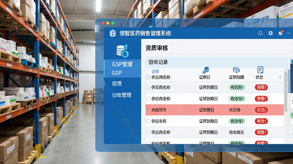 主体:领智医药销售管理系统的GSP合规管理模块界面,背景为药品仓库货架,前景为软件操作页面,显示资质审核、验收记录列表。布局:左侧为仓库实景照片,右侧为系统界面截图,以蓝色半透明面板叠加展示。排版:界面中突出“GSP管理”菜单图标,列表行显示供应商名称、证照到期日、状态标签(有效/预警)。风格:专业整洁,医药行业蓝白配色,图标线条清晰。细节:软件页面顶部有“领智医药销售管理系统”字样,预警行用红色高亮。画质:超清画质,细节丰富,无多余杂物。