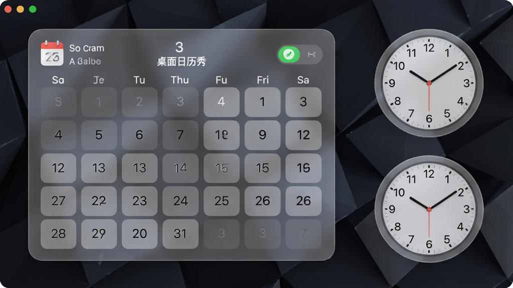 主体:“桌面日历秀”软件界面,展示多个不同大小和透明度的日历组件摆放在桌面上,布局:左侧一个大日历组件,右侧上下排列两个小圆形时钟组件,排版:组件边缘圆润,内容清晰,风格:简洁现代,细节:桌面背景为深色抽象几何图形,日历组件有半透明毛玻璃效果,画质:高清,干净,无多余元素