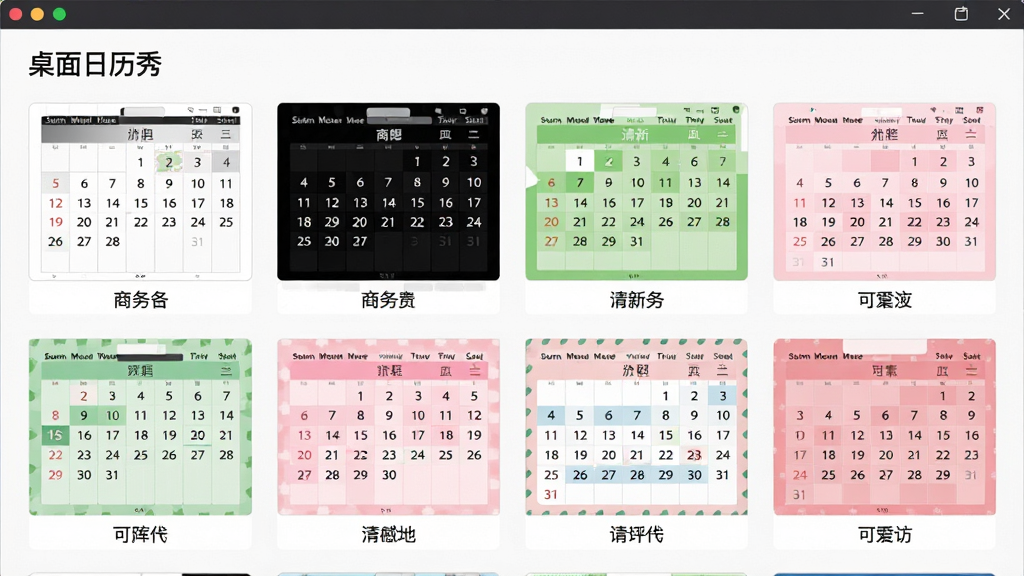 主体:“桌面日历秀”软件的皮肤库界面,展示多种不同风格的日历皮肤缩略图,布局:网格状排列,排版:每个缩略图下方有皮肤名称标签,风格:扁平化设计,细节:缩略图包含简约白、商务黑、清新绿、可爱粉等多种色彩,界面明亮,画质:清晰,干净,无多余元素