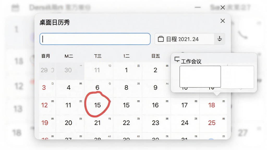 主体:“桌面日历秀”软件添加日程的编辑窗口,布局:窗口中央有一个输入框和日期选择器,排版:简洁明了,风格:清爽的浅色界面,细节:日历上有一个日期被红色圆圈标记,旁边弹出编辑框显示“工作会议”字样,画质:高清,干净,无多余元素