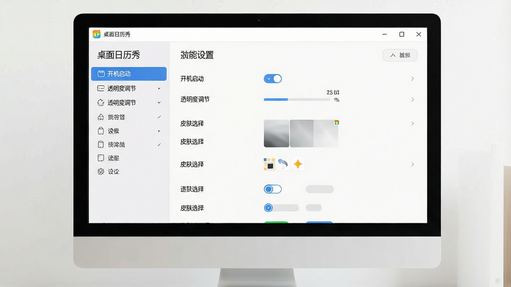 主体:电脑屏幕上“桌面日历秀”软件的设置页面,布局:左侧是功能导航栏,右侧是详细设置项,排版:清晰有序,风格:现代简约,细节:设置项包含“开机启动”、“透明度调节”、“皮肤选择”等选项,画质:高清,干净,无多余元素