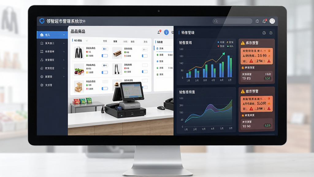 主体:领智超市管理系统软件界面在电脑屏幕上展示,前台收银台与后台库存管理界面同屏显示,布局:左侧功能菜单栏,右侧数据看板,排版:整洁有序,风格:现代商务科技感,细节:屏幕中显示商品列表、销售图表、库存预警提示,画质:高清,干净,无多余元素