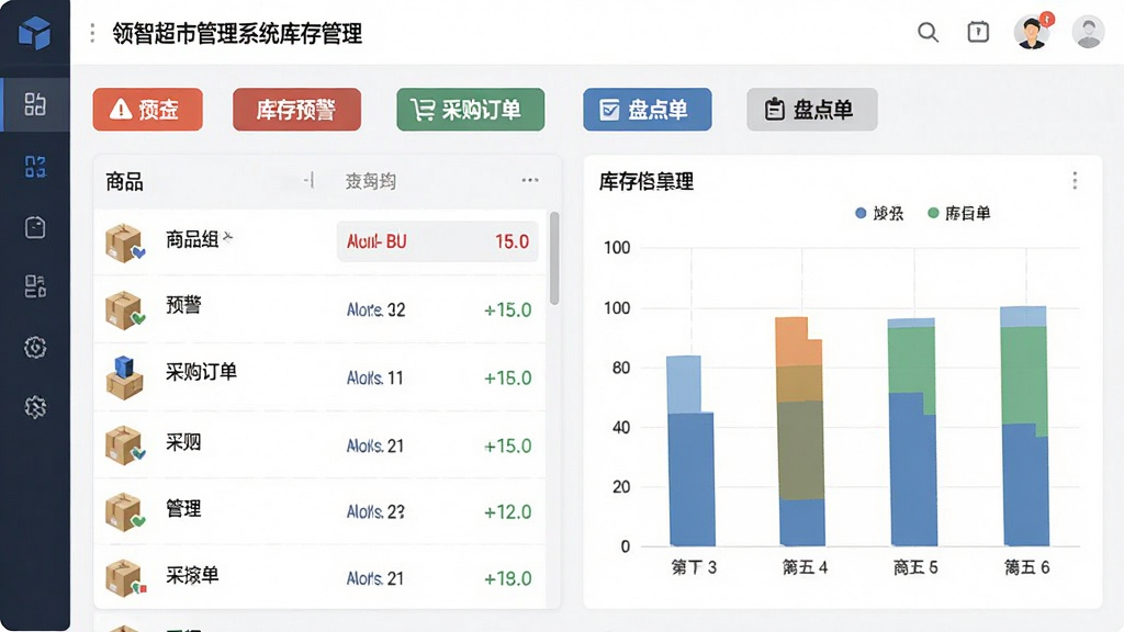 主体:领智超市管理系统库存管理界面,布局:商品列表与库存图表左右分布,排版:清晰规整,风格:简约实用,细节:显示‘库存预警’、‘采购订单’、‘盘点单’等标签,画质:清晰,干净,无多余元素
