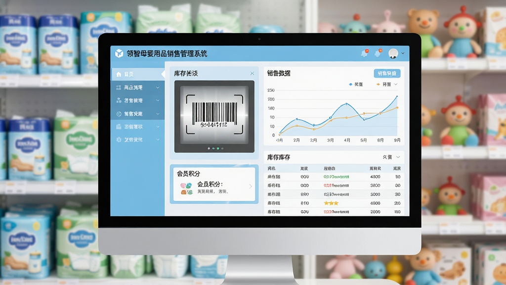 画面主体为一台现代简约的台式电脑显示器,屏幕中清晰展示“领智母婴用品销售管理系统”的主界面,左侧是功能导航栏,右侧是销售数据折线图与库存列表。整体布局采用左右结构,界面以浅蓝色和白色为主色调,扁平化设计风格。画面背景为虚化的母婴用品店货架,陈列着奶粉、纸尿裤、玩具等商品。细节上,屏幕中显示商品条形码扫描窗口和会员积分提示框,画质高清,光线柔和明亮,整体氛围专业、整洁,无多余元素。