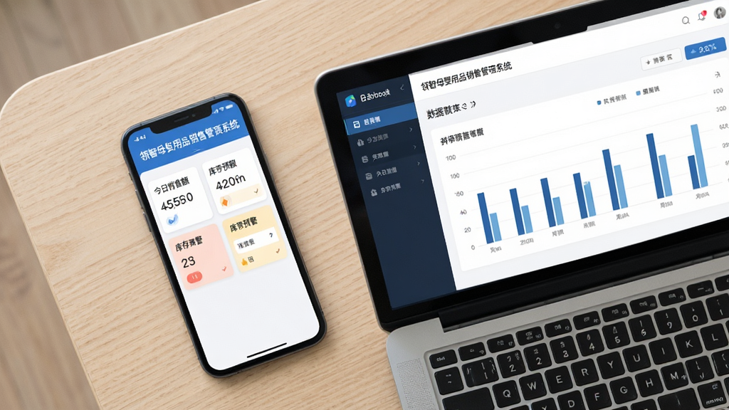 图片主体为一部智能手机与一台笔记本电脑并排放在桌面上,手机屏幕显示“领智母婴用品销售管理系统”手机端界面,电脑屏幕显示相同的后台数据图表。画面采用俯拍视角,布局清晰,浅木色桌面背景。手机界面中有“今日销售额”、“库存预警”卡片,电脑屏幕中显示柱状图。整体风格现代、简洁,光线柔和,画质清晰,无多余元素。
