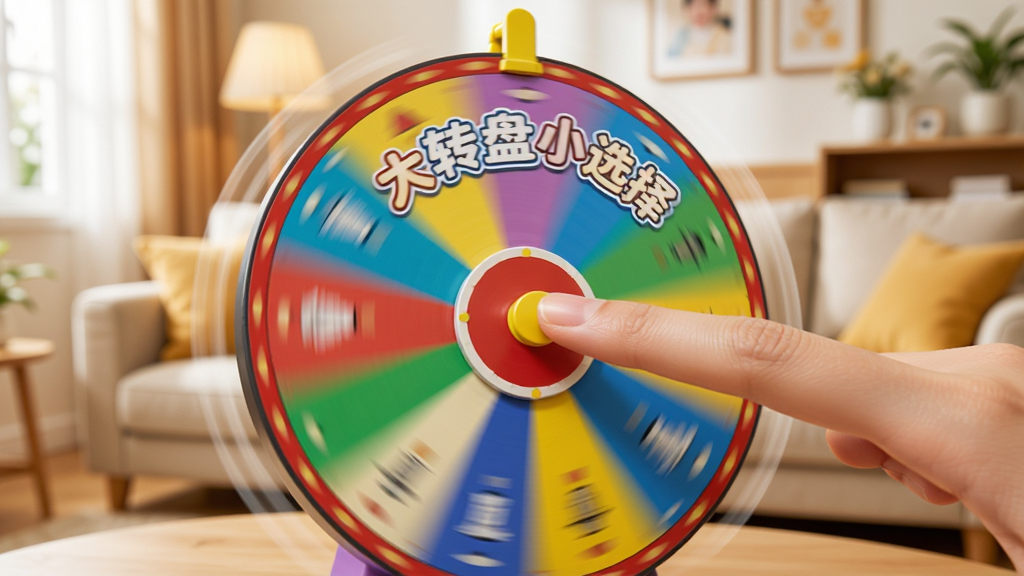 大转盘小选择转盘功能特写,转盘上写着“大转盘小选择”,转盘被手指拨动旋转的瞬间,周围有动态模糊效果,背景是温馨的客厅场景,画面清晰明亮,突出转盘色彩,画质干净无多余元素。